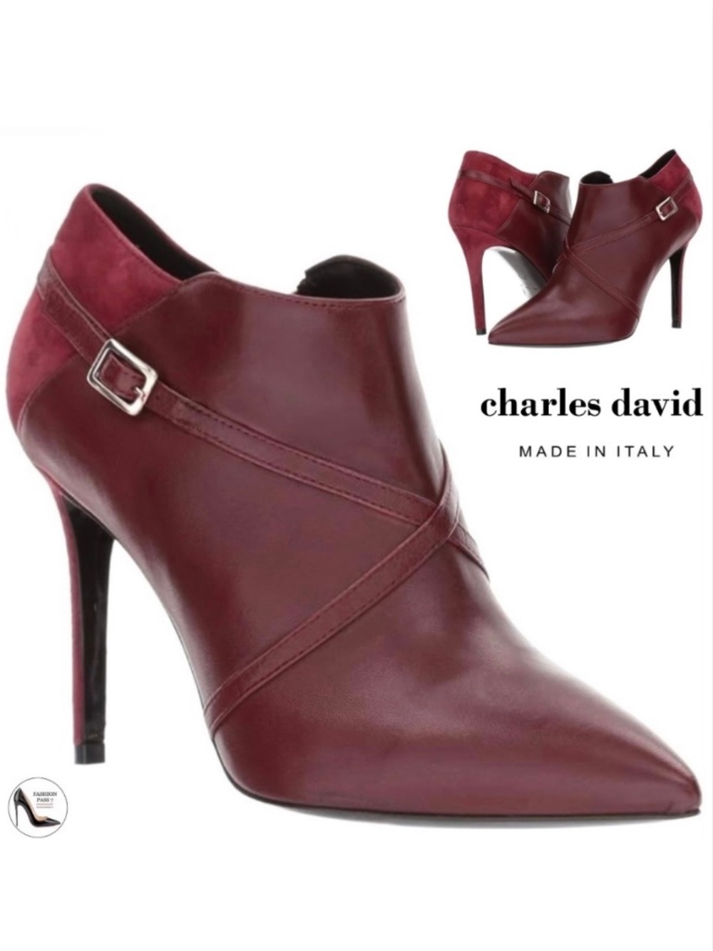 Charles David Laura Wine Red Leather Suede Stiletto Heel Pointed toe Ankle Boots